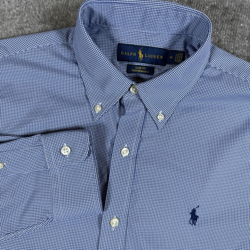 Ralph Lauren Shirt Men's Medium Blue Check Slim Fit Performance Long Sleeve